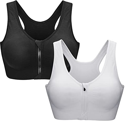 ZOEREA Sports BH Damen Push Up Zip Front, 3er Pack Impact Yoga Bra Schwarz und Weiß,L