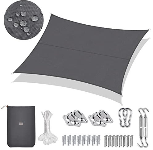 Sekey Sonnensegel Wasserdicht 4x5m Rechteckig mit Edelstahl Befestigungs Kit PES Polyester, Sonnenschutz 95% UV Schutz Windschutz Reißfest Wetterfest, für Balkon Garten, Anthrazit