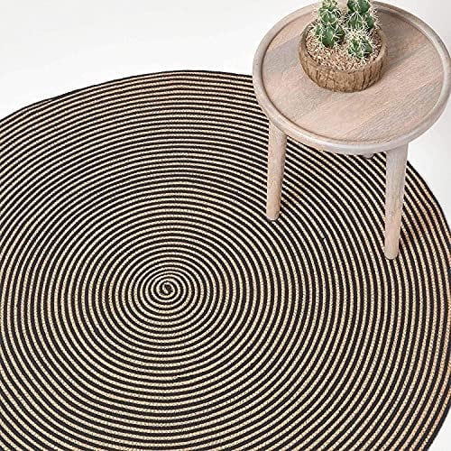 Homescapes runder Teppich, handgeflochtener Baumwollteppich 200 cm im Vintage-Look mit Spiralemuster, leinen-Farben und schwarz, Flachgewebe-Teppich für Wohnzimmer, Schlafzimmer, Küche oder Flur