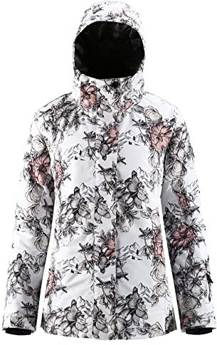 IMPHUT Damen Skijacke Snowboardjacke Warm Winter Wasserdicht Berg Kapuze Schneemantel Snowboarden Skifahren, Weiß/Rosa Blume, XS