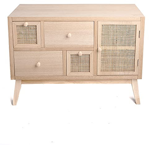 Intempora - Meuble TV, Banc TV Bois Clair 1 Porte et 4 Tiroirs De Rangement Cannage Naturel 80x30x57CM