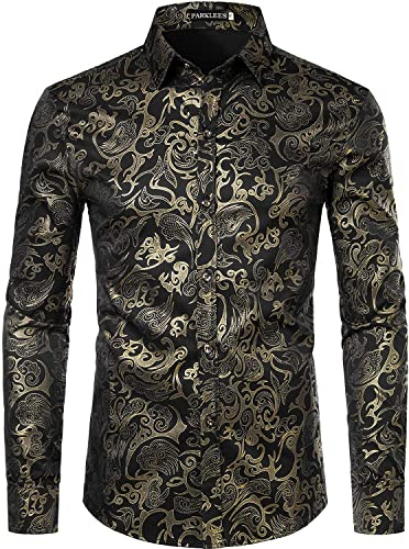 PARKLEES Herren Luxus Paisley Gemustert Golden Glänzend Slim Fit Freizeithemd