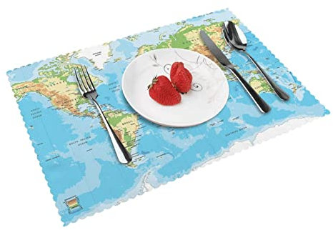 Weltkarte Tischsets für Esstisch, 4er-Set: leicht zu reinigen, hitzebeständig, wasserdicht, abwischbar, 45,7 x 30,5 cm.