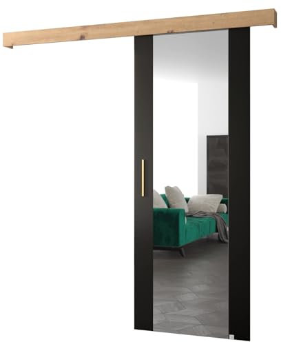 Système de portes coulissantes Salwador 2 Set complet pour portes coulissantes, Portes intérieures avec miroir, Design moderne (Noir Mat/Grille: Chêne Artisan/Poignée: Or)