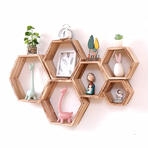 Hexagon Floating Shelves, Farmhouse Hexagonal Shelf Wall Mounted Storage | WONFUlity Honeycomb Wall Shelf Set of 6 Hanging Storage Display for Bathroom Kitchen Living Room Office Decor,Driftwood