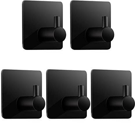 Klebehaken extra stark, 5 Stück Handtuchhalter ohne bohren Kleiderhaken Wand Haken Selbstklebend Garderobenhaken aus Edelstahl Ideal für Badezimmer deko Bad Garderobe Küche Toilette Büro, Schwarz