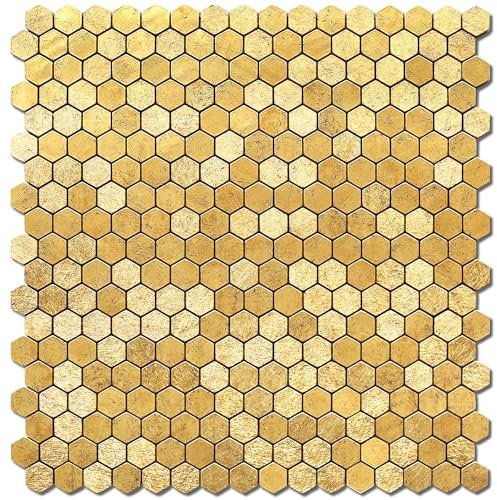 VAOVI Metallic Gold Stick on Tiles Kitchen Splashback,Self Adhesive Golden Stickers 3D Wall Panels Metal Mosaic Heat Resistant (Penny Hexagon,5sheets)