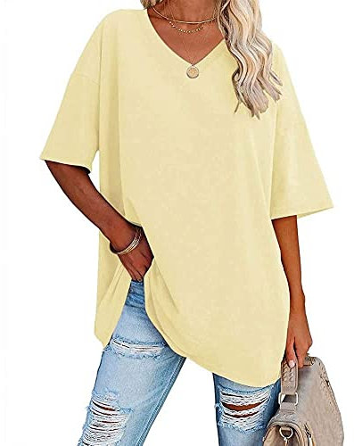 Tee Shirt pour Femme,Hauts De Sortie pour Femmes Chemisier D'Été Surdimensionné à Manches Courtes Et Col en V Tee-Shirt De Base Souple à Couleur Unie Puls Size