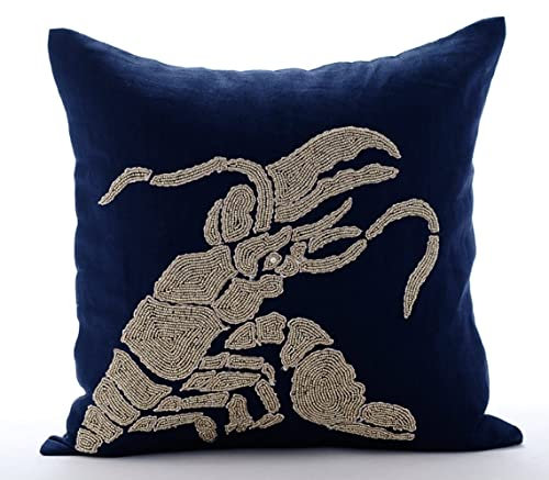 The HomeCentric Wurfkissenbezuge 2 Stück, 55x55 cm, Navy Blau Kissen Decken, Wulstige Hummer Sea Creatures Ozean Und Strand Thema Baumwolle Leinen Platz Kissen Decken, Blumen - Lobster at The Shore