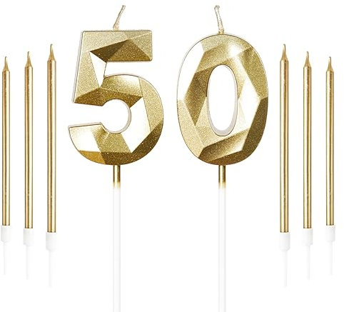 Yiran Gold 50th Birthday Candles Set, Number 50 Candle with Gold Long Candles, Birthday Candles for Cake, Birthday Candle, Cake Candles Cake Topper Decorations for Birthday Party Wedding Anniversary