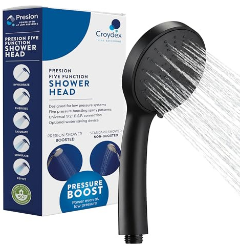 Croydex Presion Pressure Boost Power Shower Head, Matt Black | 5 Spray Patterns | Black Shower Head | Designed for Low Pressure Systems | Optional Water Saving Device Included