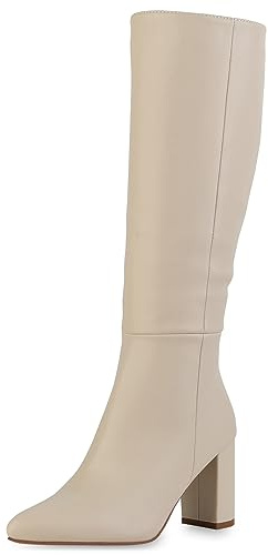 VAN HILL Damen Klassische Stiefel Blockabsatz Basic Trendy Schuhe 840612 213373 Beige 36