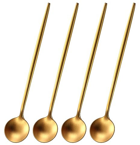 DEHOV Satin Gold 6.7 Inches Coffee Spoon,4 Pieces Stainless Steel 18/10 Tea Spoons Set,Solid Round Handle Coffee Stirring Spoon,Durable Dishwasher Safe Long Handle Ice Cream Spoons,Teaspoon