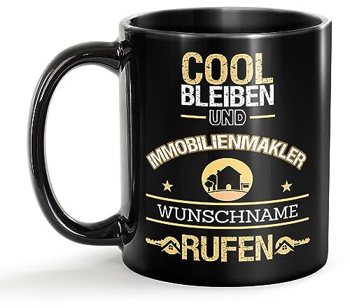 Tassendruck Schwarze Tasse für Immobilienmakler mit Name - Cool bleiben und Name rufen - Geschenk für Kollegen zum Geburtstag | Personalisierte Geschenke, Keramik Schwarz, 300 ml