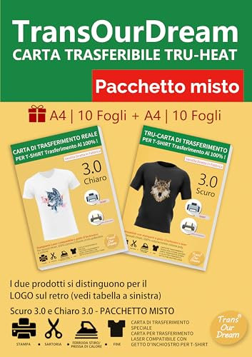 TransOurDream Carta per trasferimento in Tessuto per Cotone Bianco, stampanti a Getto d'inchiostro e Laser, Carta per trasferimento in Tessuto, Fogli A4 (Fogli 10+10)