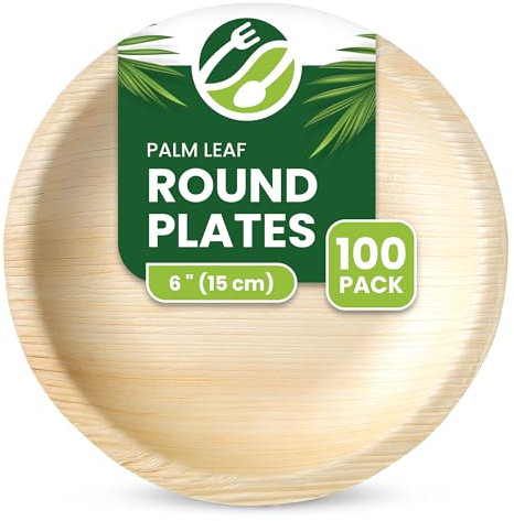 ECO Leaf 100 Disposable Palm Leaf Plates - 6'' (15cm) Deep Round, Compostable & Biodegradable | Eco-Friendly, Strong Plates for Hot Food | Microwave & Oven Safe | Small Dessert & Side Plates