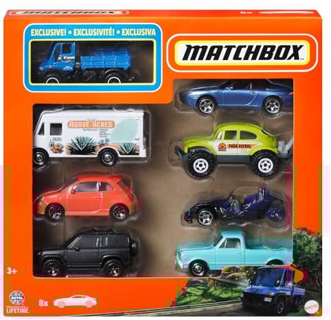 Matchbox-Satz mit 8 Die-Cast-Autos oder -Trucks im Maßstab 1:64, themenbezogenes Multipack, darunter 1 Exklusives Fahrzeug (Stile können abweichen), HVR81