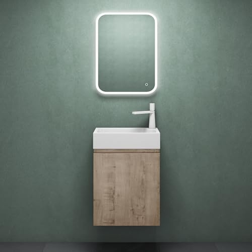Mai & Mai Waschtisch mit Unterschrank 46x26x63cm Eiche Greige | Badmöbelset für Gäste WC, Badezimmermöbel inkl. LED-Spiegel Pisa02