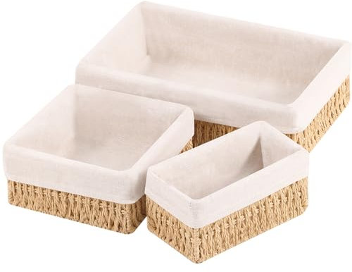 OUTBROS Körbchen Geflochten, Organizer Aufbewahrungskörbe in Regale, Klopapier Aufbewahrung Körbe, Deko Aufbewahrungsbox mit Futter, 3-Pack,Papierseil-Natürlich