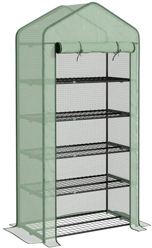 Outsunny Serre de Jardin PE avec étagères 5 Niveaux, Serre de Balcon, bâche renforcée 135 g/m², châssis en Acier, Porte zippée Enroulable, pour légumes Plantes Fleurs, 90x49x193cm, Vert