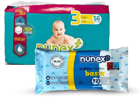 Packung mit Windeln, 56 Stück + biologisch abbaubare Einwegtücher, 60 Stück