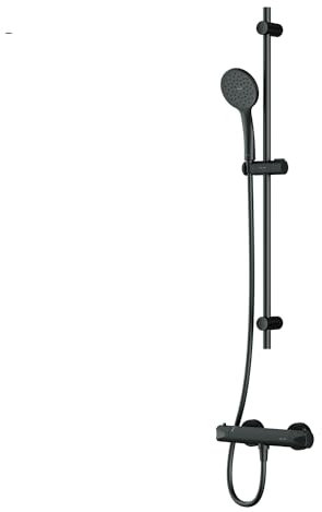 F428TA46 Ensemble de douche avec thermostat et pommeau de douche, pommeau de douche, barre de douche et thermostat, rond, mitigeur de douche avec thermostat pour salle de bain, noir mat