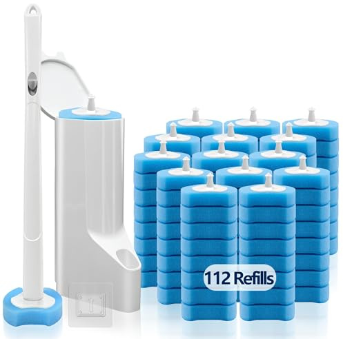 Einweg-Toilettenbürste mit 112 Toliet-Stab-Nachfüllungen, Toilettenschüsselstab und Halter, weiße WC-Reinigungsbürste, Toliet-Stab-Kit Wandmontage, Toilettenbürsten-Nachfüllung für effizientes und