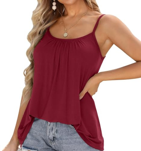 Generic Women Vest with Padded Bra Pleated Scoop Neck Vest Top Loose Fit Summer Tank Top Red M