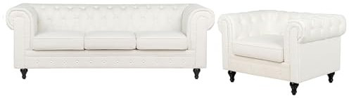 Wohnzimmer Sofa Set im englischen Stil Stoffbezug weiß Knopfheftung Chesterfield
