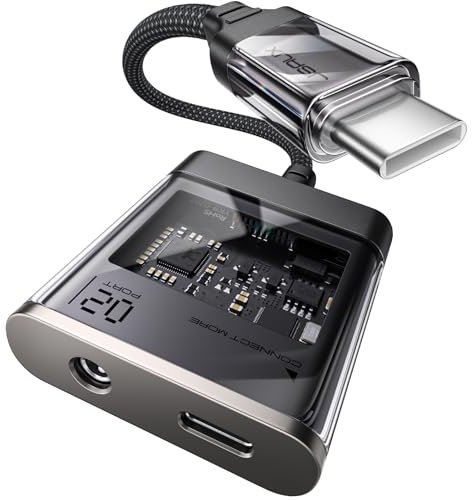 JSAUX USB C a 3.5mm Adaptador de Auriculares y Cargador, 2 en 1 Tipo C a Aux Audio Jack Hi-Res 32bit/384kHz DAC y PD 60W de Carga rápida para iPhone 16 15 Pro MAX, Galaxy S24/S23/S22, Pixel, iPad