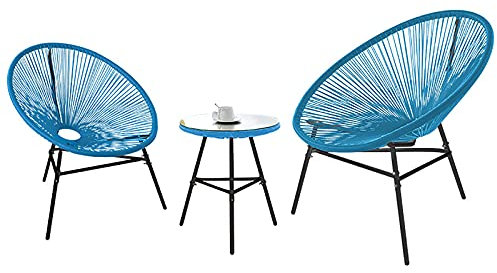 3-teiliges Gartenmöbel-Set aus umweltfreundlichem PE-Rattan, wetterfestes Acapulco-Bistro-Set mit Glastisch und 2 Stühlen (blau)