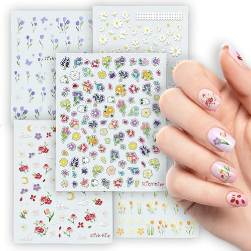Stick'n'Tie Self-Adhesive Flower Nail Art Stickers, 5 Sheets, 3D Embossed Spring/Summer Designs Vivid Colors, Easy Application