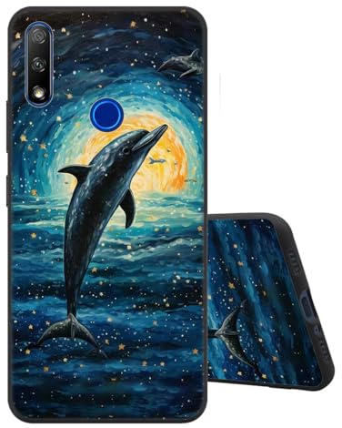 Sinyunron Handyhülle Kompatibel mit Honor 9X Hülle Silikon Schwarz Matte Rückseite Schutzhülle mit Muster,Weiche Stoßfest Kratzfest Schlanke TPU Softschale Case,Delphin