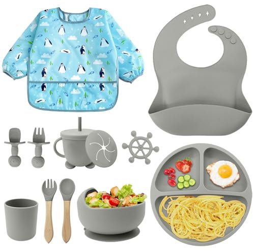 NATNAV Assiette Bébé pour Kit de Sevrage autonome,Bol Cuillere Bebe,Tasse Bebe,Bavoir Silicone Bebe,Assiette Ventouse BéBé,Enfant Set Couverts Vaisselle Lot de 11 Set passe au lave-vaisselle (Gris)