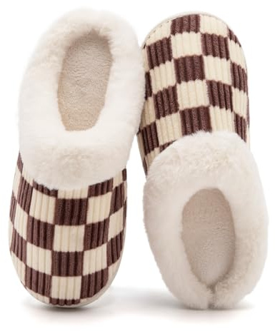 Waysoland Slippers for Men and Women, Fluffy Women's Plush Slippers Made of Memory Foam Checked Non-Slip Sole for Bedroom Winter Slippers for Indoor Outdoor Use with Fur Lining, Fluffy brown, 8 UK