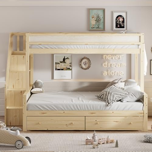 Idemon Cama infantil 90 x 200/140 x 200 cm, litera de madera maciza con escalera de seguridad, dos cajones grandes y somier de láminas