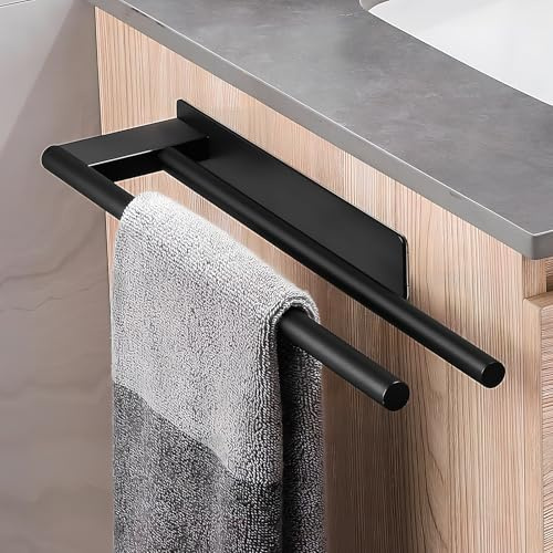 Dokeno 39cm Porte Serviette Murale,Acier Inoxydable 304 Double Porte Serviette,Porte Serviette Salle De Bain sans Percage,Double Porte-Serviettes Murale Brossé,pour Salle De Bain Et Cuisine (Noir)