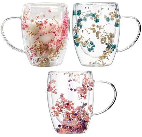 350Ml 3Stück Doppelwandige Glas Kaffeetassen Mit Getrockneten Blumen - Glas Teetassen Doppelwandige Isolierte Kaffeetassen | Kaffeetasse Mit Trockenblumen | Isolierter Hitzebeständiger Doppelwandige