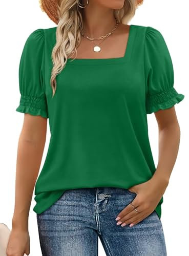 WIHOLL Summer Tops for Women Clothing Ladies Square Neck Shirts Ruffle Trim Clothes Short Sleeve Tshirt Green 2XL