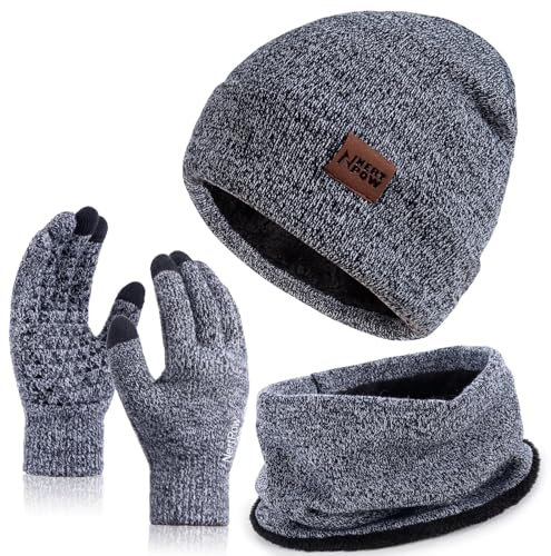 Nertpow Mütze, Schal & Handschuh-Sets für Damen Herren, Touchscreen Handschuhe Winter Beanie Mütze Stricken mit Fleece Gefüttert Schal Halswärmer Geschenk Set(Handschuhe&Mütze&Schal Schwarz Weiß)