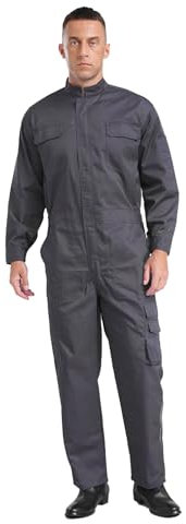 iiniim Men Long Sleeve Coverall Mechanic Uniform Work Uniform Factory Boiler Suit Workwear Jumpsuit Grey 3XL