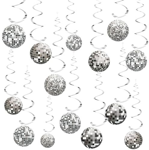 36 Stück Discokugel-Party-Dekorationen, Spiegel Silber hängende Wirbel 70er Jahre Party Dekorationen für Erwachsene, Silber Decke Streamer Dekor für Versammlungen, DJ Tanzen, Partys Gastgeschenke für