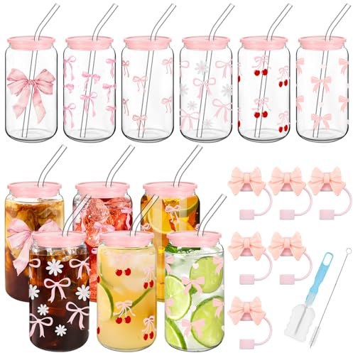 Yetene Set of 6 Coquette Bow Glass Cup 16oz Pink Bow Glass Cup with Lids and Straws Reusable Pink Bow Silicone Straw Toppers Lids Protectors