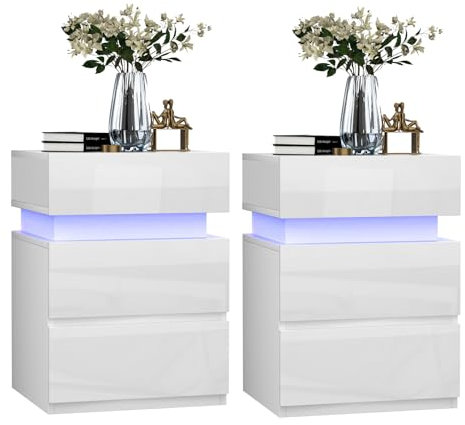 PIPIPOXER 2er Set Nachttisch mit LED-Beleuchtung, Nachttisch Weiß Hochglanz Beistelltisch, Einstellbare Farben, Sofatisch 3 Schubladen, Nachtschrank Schlafzimmer, Modern, 35x40x55cm, Weiß