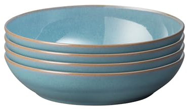 Denby - Azure Coupe Set of 4 Pasta Bowls - 1050ml Capacity - Dishwasher & Microwave Safe Ceramic Crockery - Blue Glaze Bowl Set for Dinner, Rice - Chip & Crack Resistant Stoneware - L22xW22xH5cm