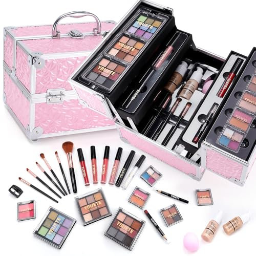 YBUETE Professional Makeup Kit for Girl Women, Full Starter Cosmetic Set with Storage Case, Reusable Full Cosmetic Train Case Included Foundation Eyeshadow Blush Lipstick Lip Liner Mascara Eyeliner