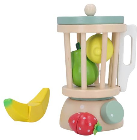 NOENNULL Wooden Blender Play Set, Toy Juicer Kitchen Appliance Pretend Cutting Fruits Wooden Blender Toy for Kindergarten and Home