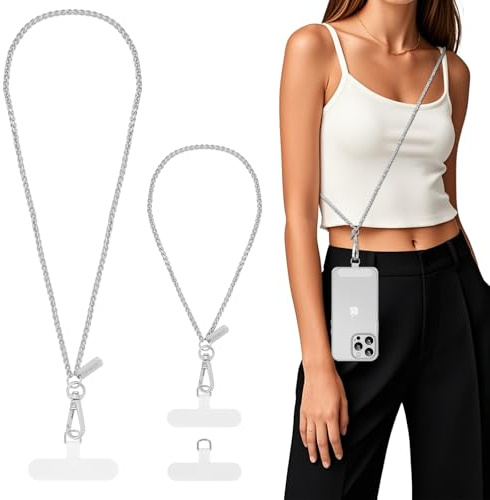 MoKo Phone Chain Crossbody, Metal Cell Phone Lanyard, Universal Cellphone Lanyard for iPhone, Samsung, Most Smartphones, Cellphone Crossbody Strap × 1, Wrist Strap x 1, Patches × 2, Pale Silver
