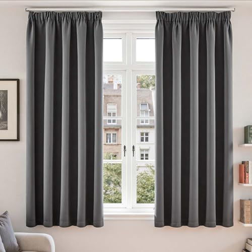 Vangao Gardinen mit Kräuselband Blickdicht H175xB140cm 2er Set, Dunkelgrau | Gardinen Wohnzimmer Schlafzimmer Kinderzimmer Fenster, Vorhänge Verdunkelnd für Schienensystem, Blackout Curtains 175 lang