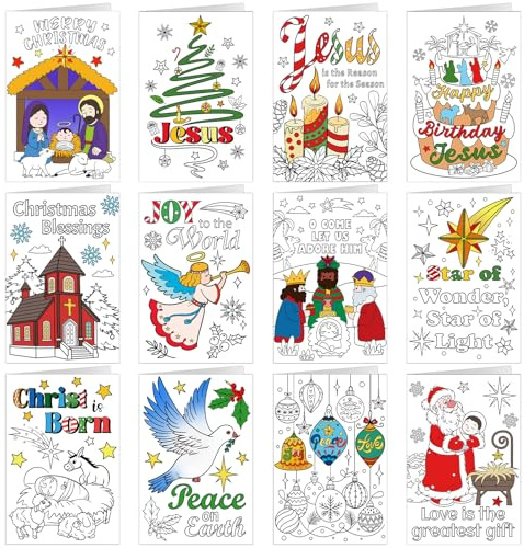 DPKOW Kids Colouring Religious Christmas Cards with Envelopes, 12 Colouring Cards Christmas Nativity Christian Card for Kids Crafting Gift Xmas Religious